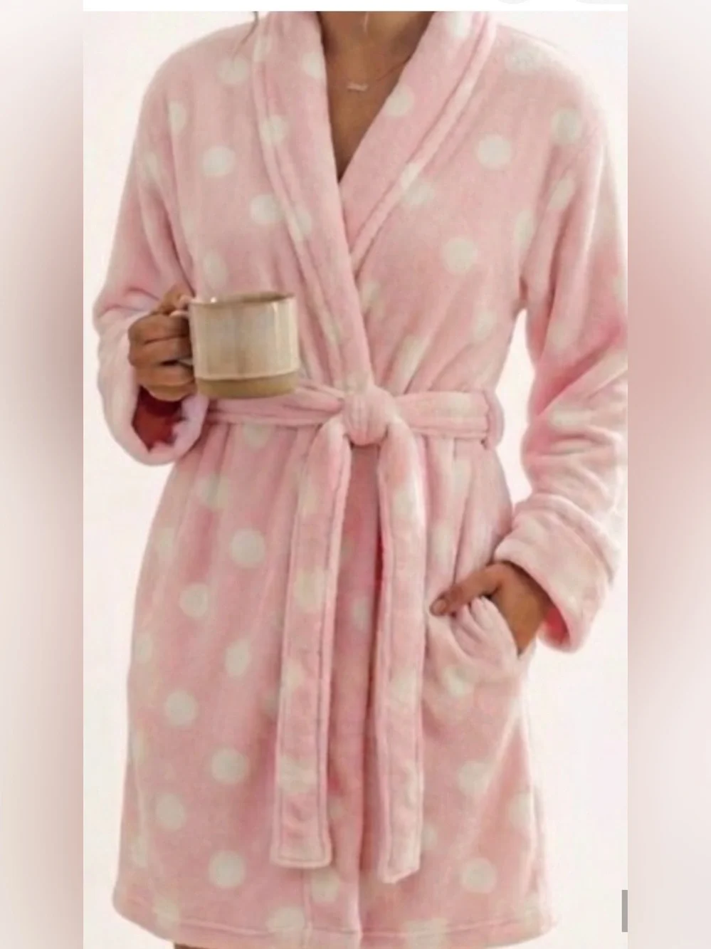 Nwt Kate Spade New York Plush Fleece Robe Pink White Polka Dot